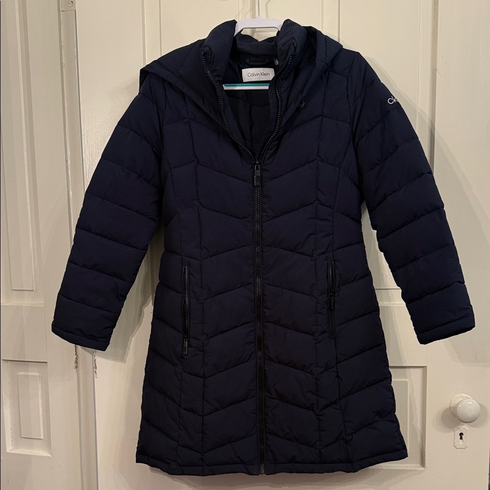 Calvin Klein Dark Blue Quilted Coat with removable hood
